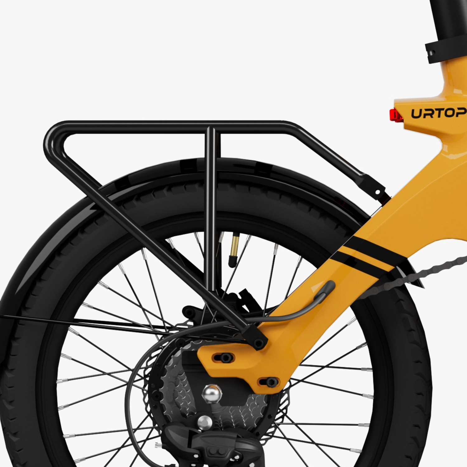 Urtopia Carbon Fold 1 E-bike rear rack detail, cargo rack, black, yellow frame