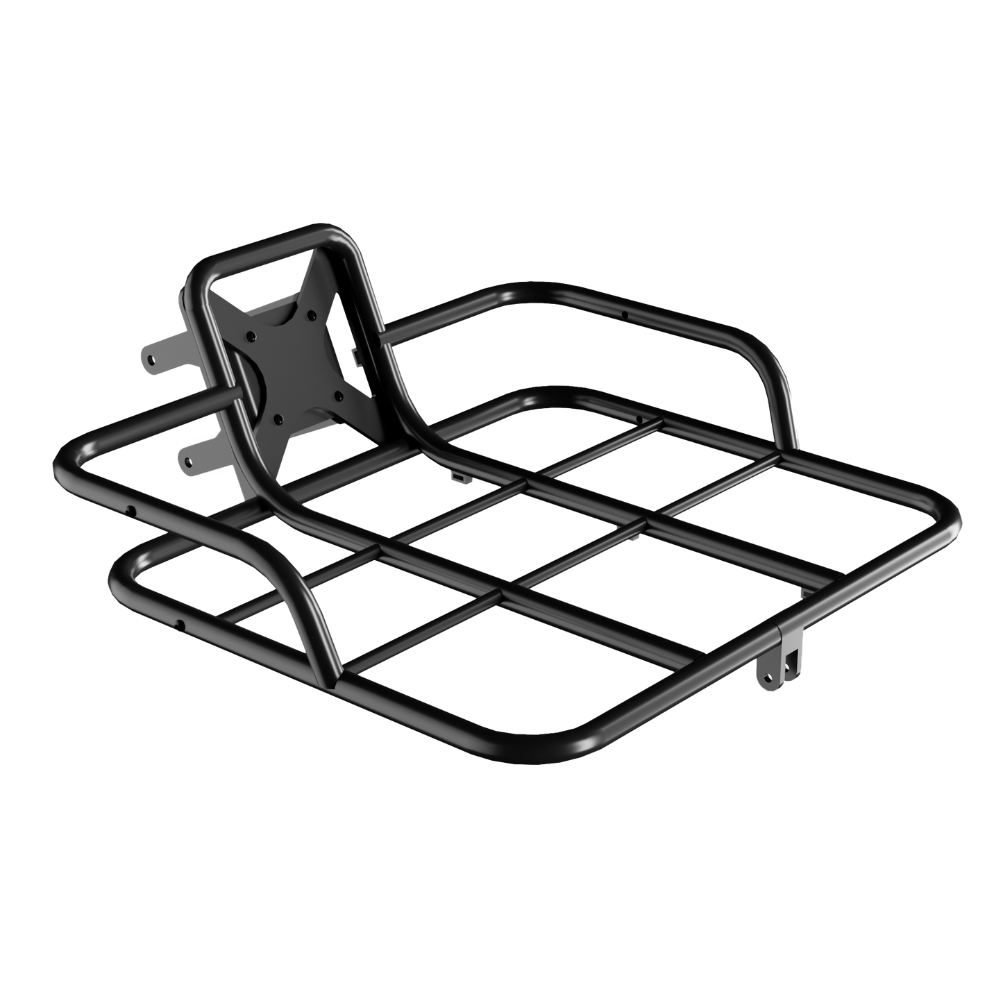 black front cargo rack designed for e - bikes, shown alone.