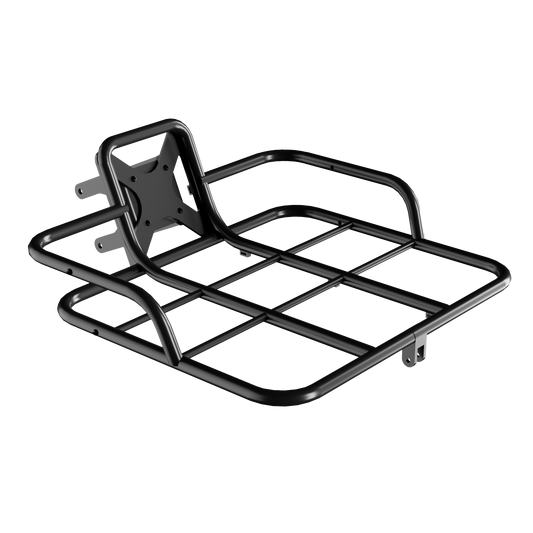 black front cargo rack designed for e - bikes, shown alone.