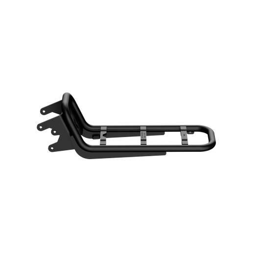 MIK front rack on Urtopia Atom e-bike, side profile view. Sleek black rack mounted over the front wheel with integrated MIK attachment plate, rated for 15 kg, shown against a clean white background.