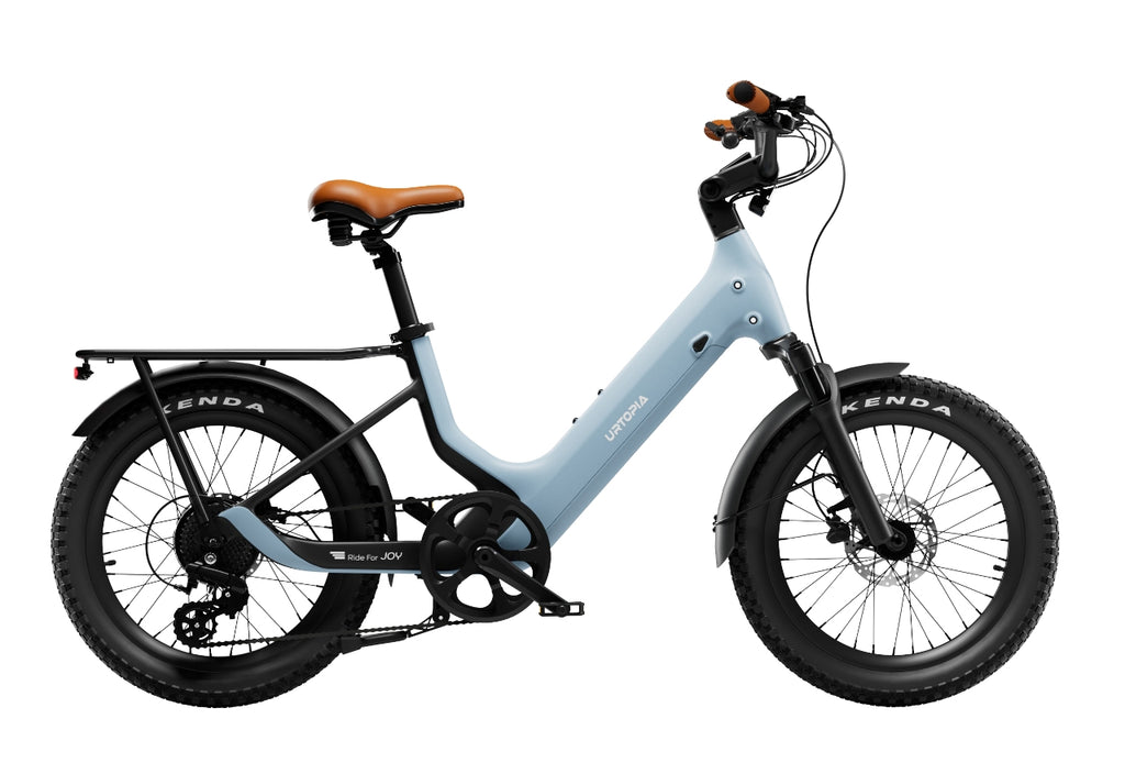 A cool blue Lightweight Fat Tire eBike-Joy Carbon, perfect for urban rides and carrying essentials.