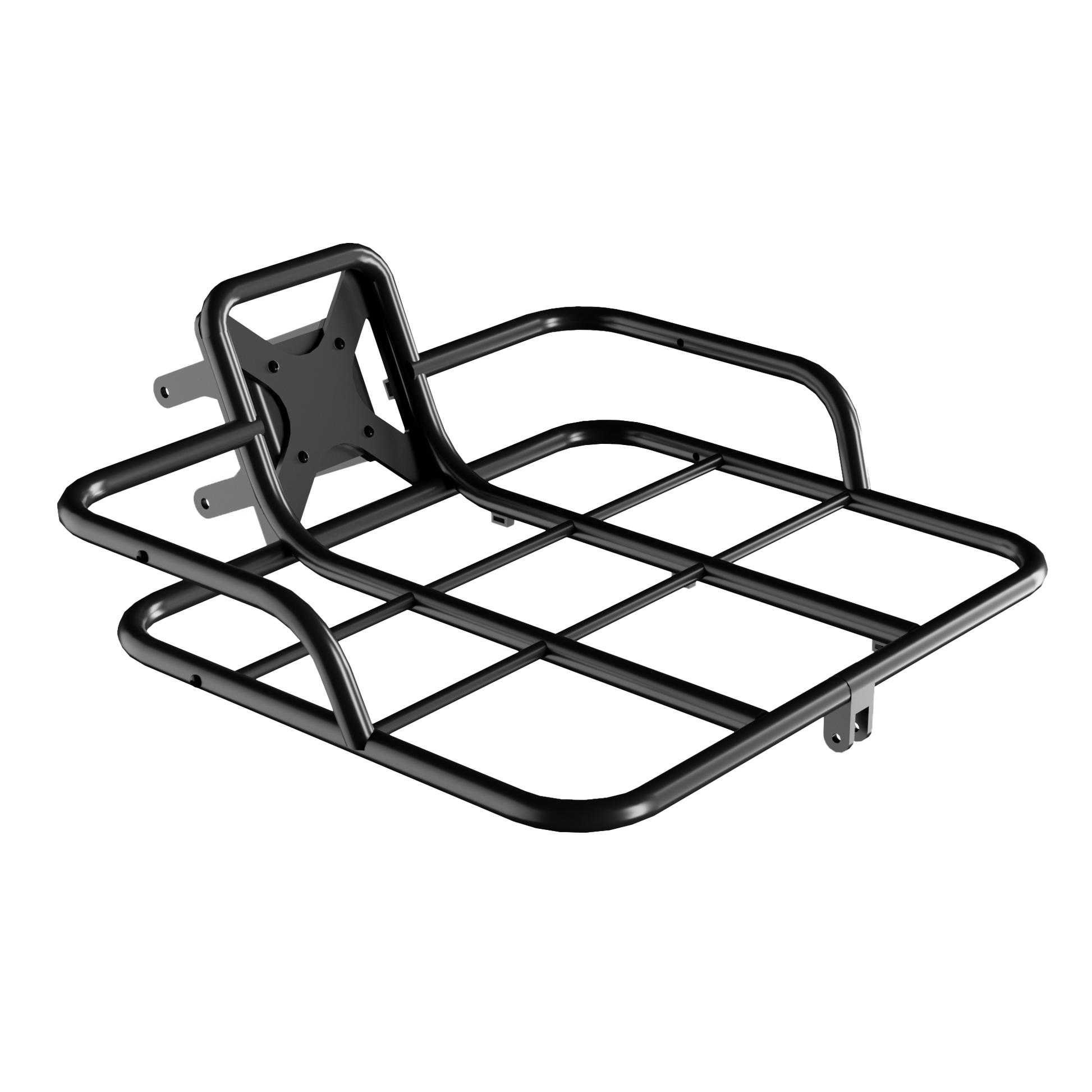 black front cargo rack designed for e - bikes, shown alone.