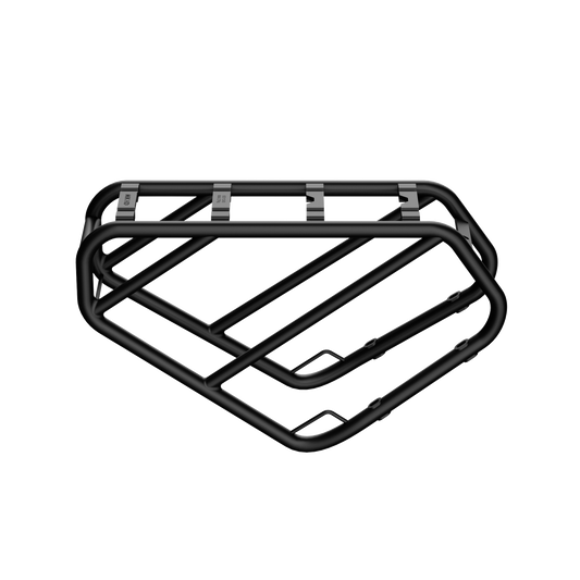 MIK HD rear rack on Urtopia Atom e-bike, side profile view. Sturdy black metal rack mounted over the rear wheel with visible MIK click-on attachment plate, rated to carry up to 45 kg, shown against a clean white background.