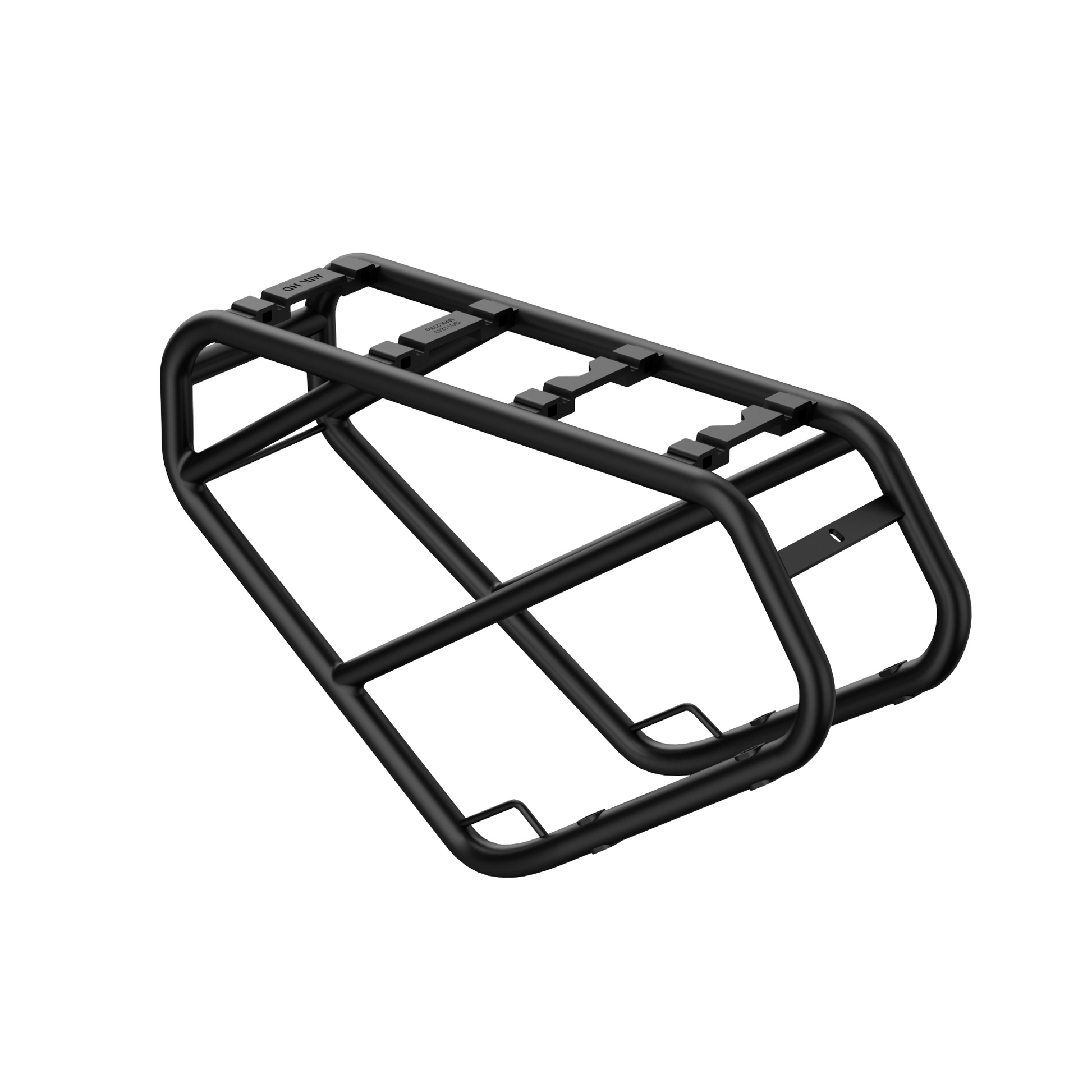 MIK HD rear rack on Urtopia Atom e-bike, three-quarter front view. The heavy-duty rear rack sits above the back wheel, showcasing the MIK snap-on mounting system and slim profile that complements Atom's carbon frame design. Load capacity up to 45 kg.