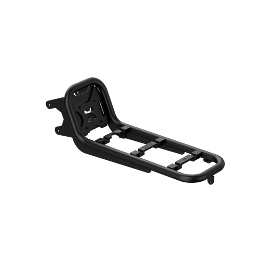 MIK front rack on Urtopia Atom e-bike, three-quarter front view. Lightweight front cargo rack with MIK snap-on mounting system, designed to blend seamlessly with Atom's minimalist carbon frame. Load capacity up to 15 kg.