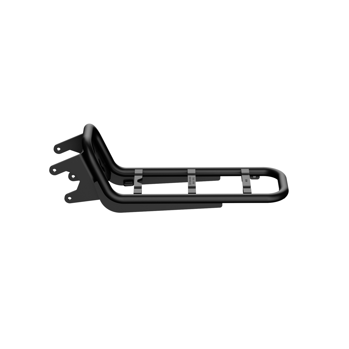 MIK front rack on Urtopia Atom e-bike, side profile view. Sleek black rack mounted over the front wheel with integrated MIK attachment plate, rated for 15 kg, shown against a clean white background.
