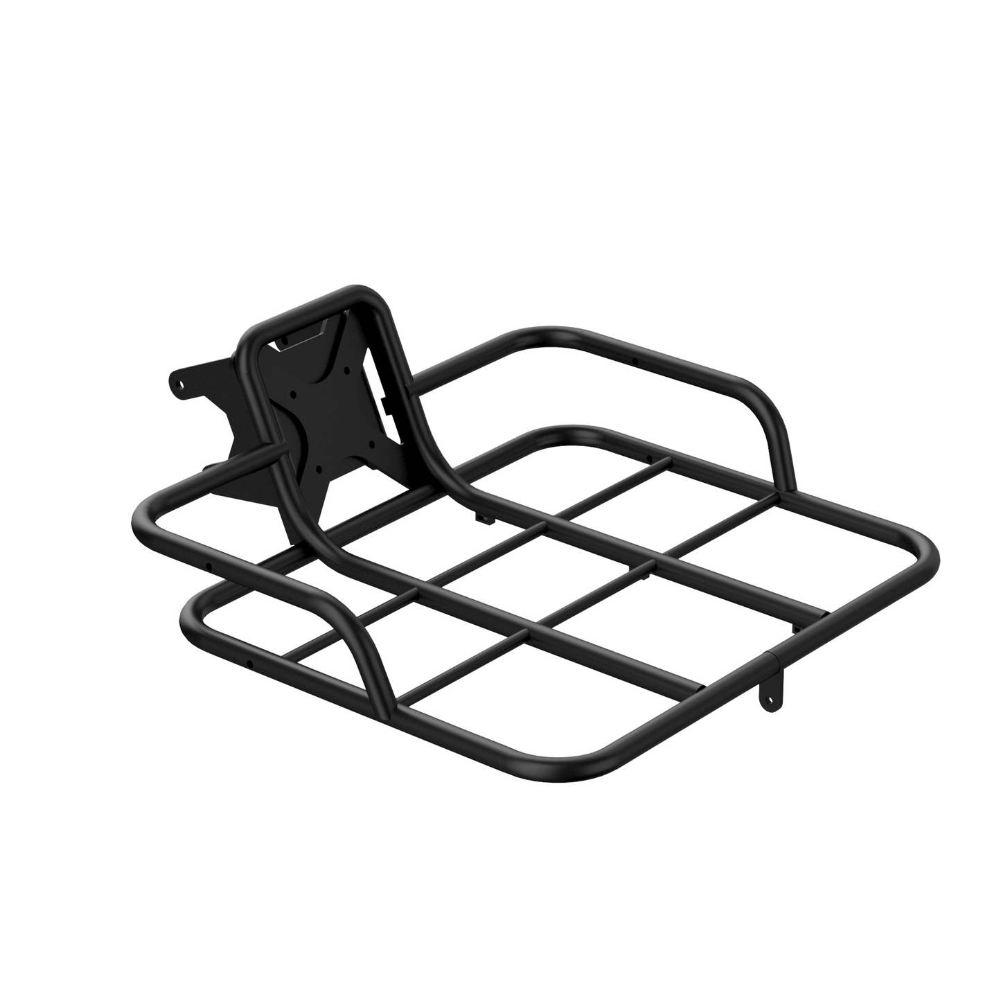 Wide front rack on Urtopia Atom e-bike, three-quarter front view. Broad cargo platform spanning across the front wheel, offering generous surface area for bulky items, built to match Atom's carbon frame design.