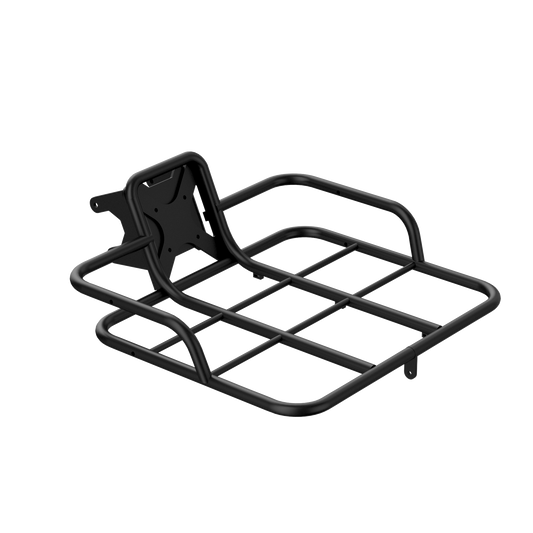 Wide front rack on Urtopia Atom e-bike, three-quarter front view. Broad cargo platform spanning across the front wheel, offering generous surface area for bulky items, built to match Atom's carbon frame design.