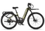 An electric bicycle with a matte olive green frame, black components, and a rear cargo rack, shown from a side profile on a white background.